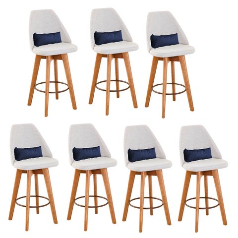 Kit 07 Banquetas Alta Maya Giratória Com Encosto Gourmet Linho Bege e Almofada Sintético Azul