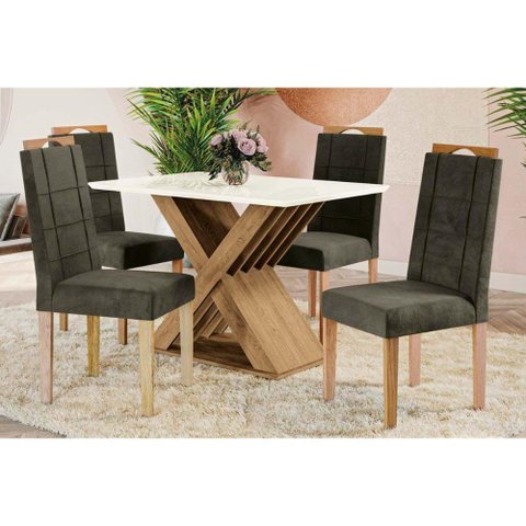 Sala de Jantar Completa Graviola Tampo Madeirado C/ Vidro 80x120cm e 4 Cadeiras 2cad150 Nogueira/off