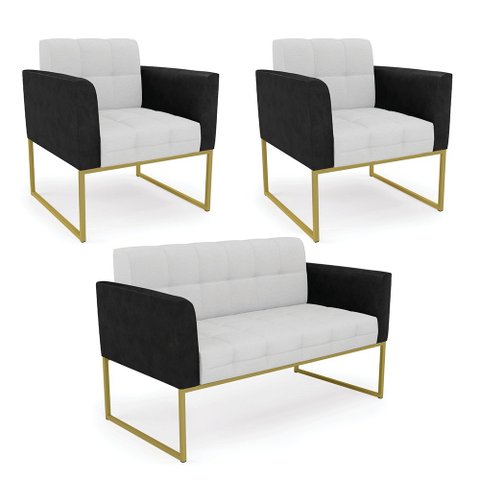 Sofá Namoradeira e 2 Poltronas Base Industrial Dourado Elisa Preto/linho Cinza A05 D03 - D'Rossi