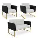 Ver imagem 1 de Sofá Namoradeira e 2 Poltronas Base Industrial Dourado Elisa Preto/linho Cinza A05 D03 - D'Rossi