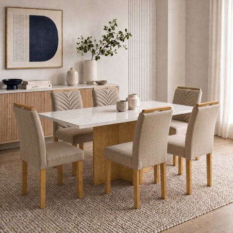 Conjunto Mesa de Jantar 6 Lugares Tampo Vidro Carol Cinamomo e Off White