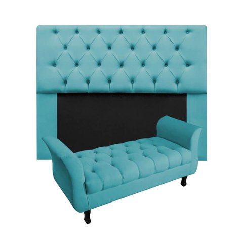 Kit Cabeceira Mirage + Calçadeira Grécia Casal 140cm Suede - Ecotec Decor:Azul Turquesa