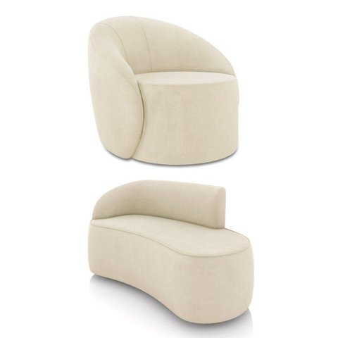 Sofá 2 Lugares Orgânico 140cm Morgan e Poltrona Lua Suede Bege D03 - D'Rossi