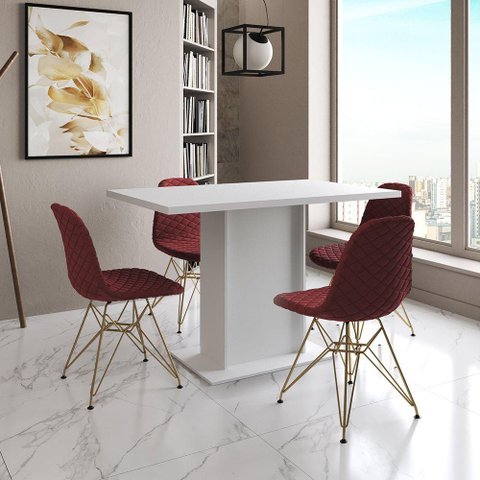 Mesa Jantar Londres Tampo Branco 120cm 4 Cadeiras Base Dourado Estofado Vermelho