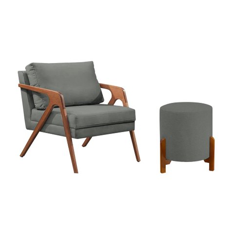 Conjunto Poltrona Mona Decorativa e Puff Thor Estofado Base Madeira Maciça Linho Cinza