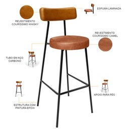 Kit 02 Banquetas Alta Cozinha Sala Jantar Milão L02 Couríssimo Whisky Couríssimo Camel - Lyam Decor - 4