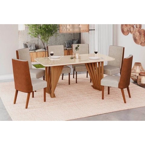 Conjunto Mesa de Jantar Adriana com Vidro e 6 Cadeiras Anne Henn - Nature/off White/corano Caramelo/