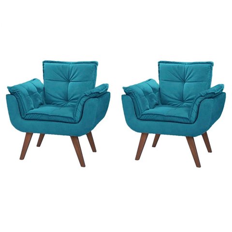Kit Poltrona Decorativa Opalla Luxo Suede Azul Tiffany Recepção Pés Palito