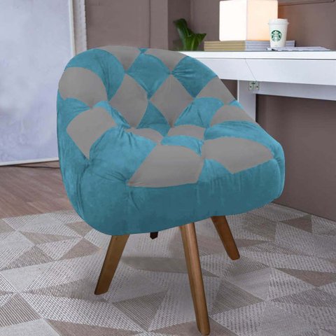 Poltrona Paloma Escritório Sala Giratória Madeira Suede Azul Turquesa e Suede Cinza - Dominic Decor