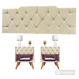 Kit 1 Cabeceira 1.40cm 2 Mesa de Cabeceira Glamour Vitoria Decor Pé Madeira Gaveta Estofada - 1