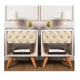 Kit 1 Cabeceira 1.40cm 2 Mesa de Cabeceira Glamour Vitoria Decor Pé Madeira Gaveta Estofada - 2