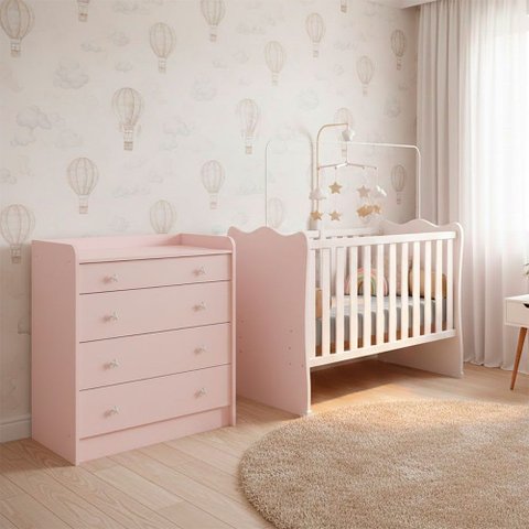 Quarto de Bebe Infantil Doce Sonho Berço e Cômoda 4 Gavetas Qmovi