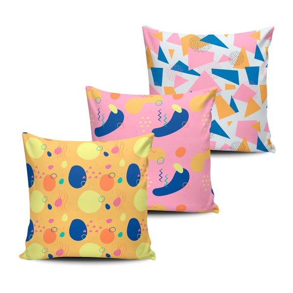 Kit 3 Almofada decorativa Abstrata Amarela, Rosa e Azul 45x45cm - 1