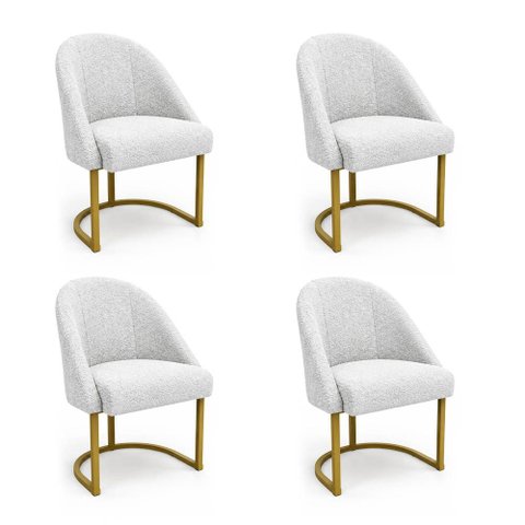 Kit 04 Cadeiras Poltrona de Jantar Lua Boucle Off White Base Ferro Dourado Dal Poz Estofados