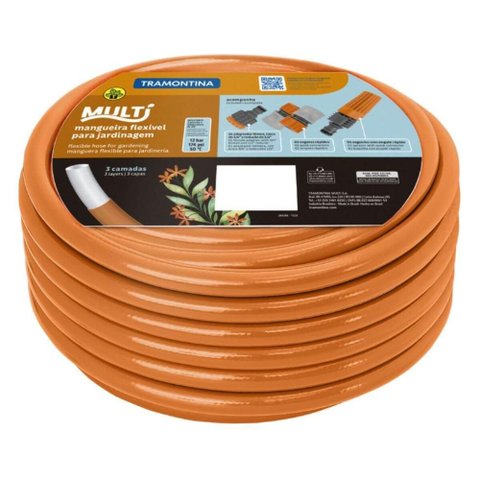 Mangueira de Jardim 15m Tramontina Multi 1/2" Pvc Reforçada Engates Rápidos e Esguicho Laranja
