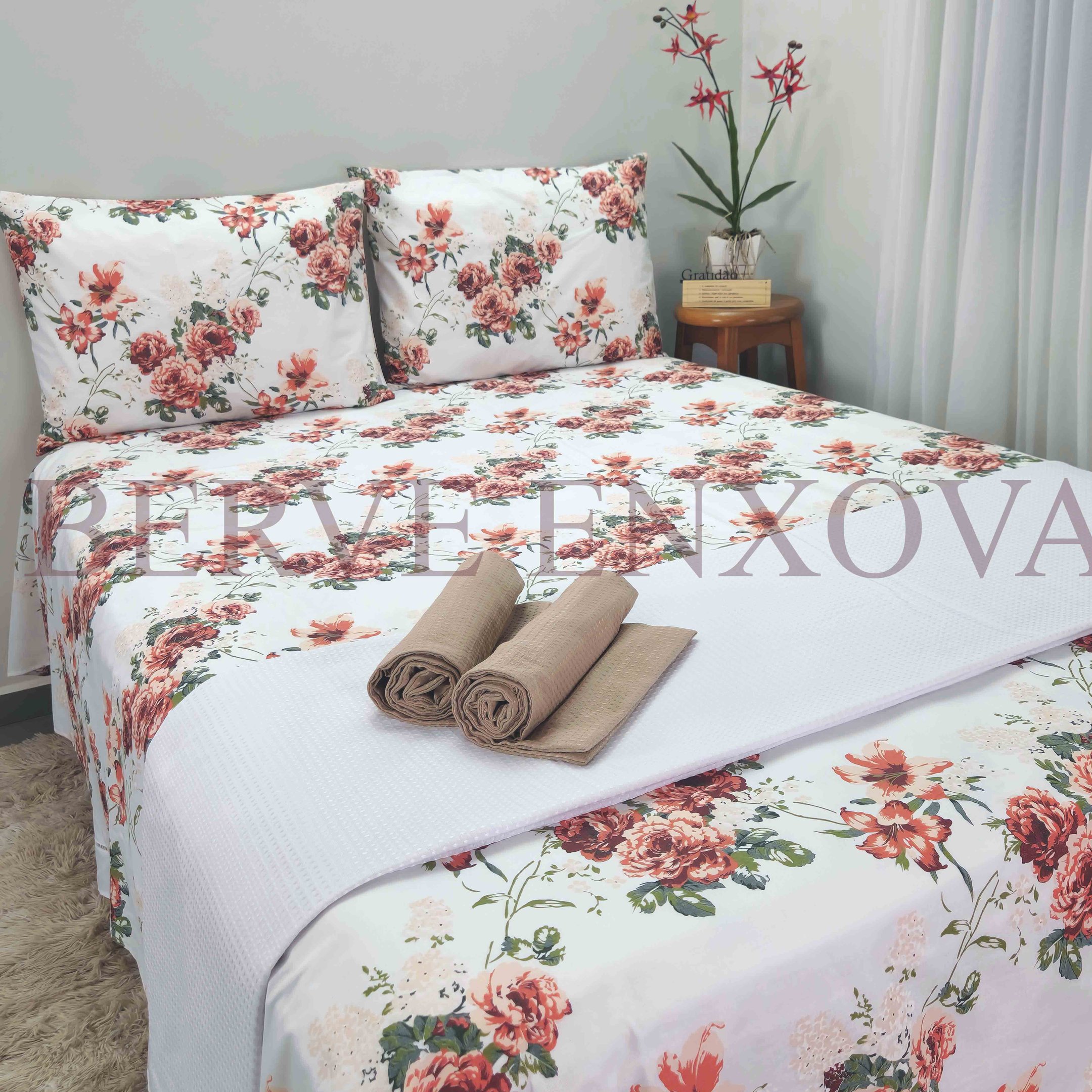 Jogo de Cama Casal Queen 100% Algodão Estampado Salmão Elástico 4 Peças Berve Enxovais - 7