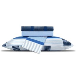 Jogo de Cama Casal Queen 100% Algodão Listrado Xadrez Azul 4 Peças - 1