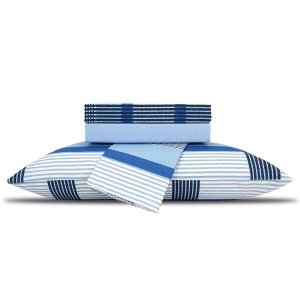 Jogo de Cama Casal Queen 100% Algodão Listrado Xadrez Azul 4 Peças