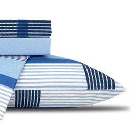 Jogo de Cama Casal Queen 100% Algodão Listrado Xadrez Azul 4 Peças - 2