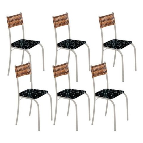 Kit 6 Cadeiras Atlanta Corino Preto Lirio e Rattan Carvalho Tubo Champanhe