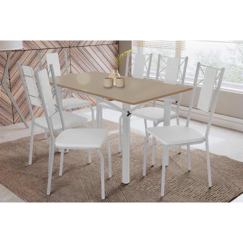 Conjunto: Mesa de Cozinha Elba Tampo Madeirado C/ Vidro 160cm e 6 Cadeiras Lisboa Cromada/freijo