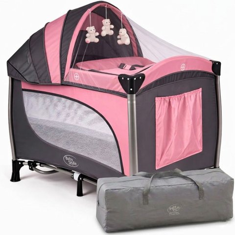 Berço de Bebê Portátil Função Balanço com Capota Mosquiteiro e Caixa Musical Vibratório Dobrável Ros