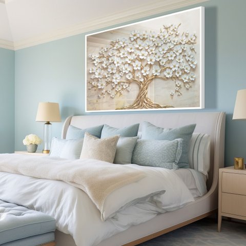 Quadro Decorativo Árvore da Vida Flores Brancas Sala Quarto Casa Escritório
