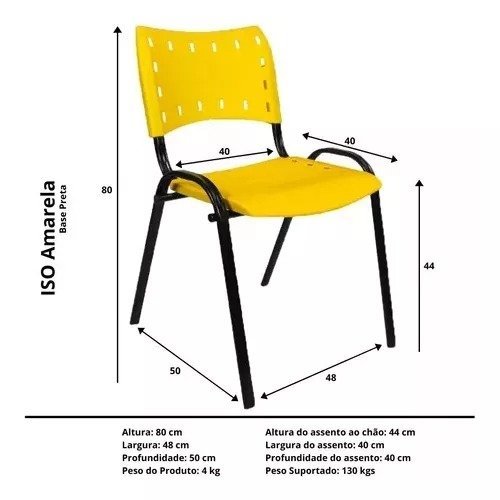 Kit Com 6 Cadeiras Iso Para Escola Escritório Comércio Amarela Base Preta - 4