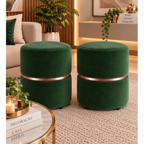 Kit de Puff Cinta no Meio Rose Golda, Cor Verde Veludo - Let Móveis