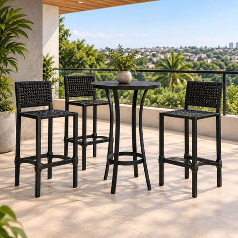 Conjunto Bistro + 3 Banquetas Varanda Alumínio e Corda Náutica Área Gourmet Moderna:Preto
