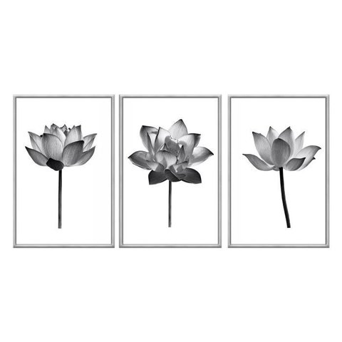 Kit 03 Quadros Decorativos - Flor de Lotus Preto e Branco Minimalista Flnt005 - Tela Canvas 60x80cm