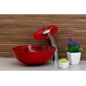 Kit com Cuba Vidro Redonda 35cm + Torneira Cascata + Válvula - Vermelho - 2