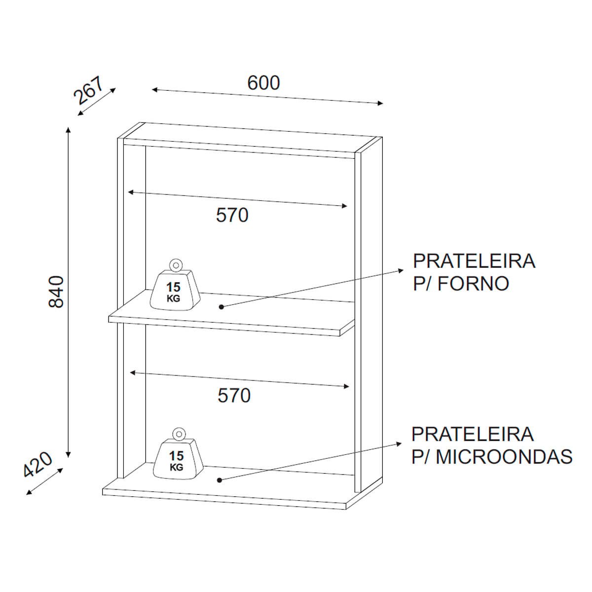 Armário Suporte para Microondas e Forno Suspenso Cozinha Lauren Preto - 4