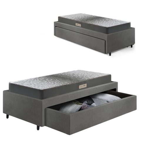 Base Box Cama Solteiro Sapateira Courino Linho Cinza e Colchão Dual Firm Ecoflex 88x188