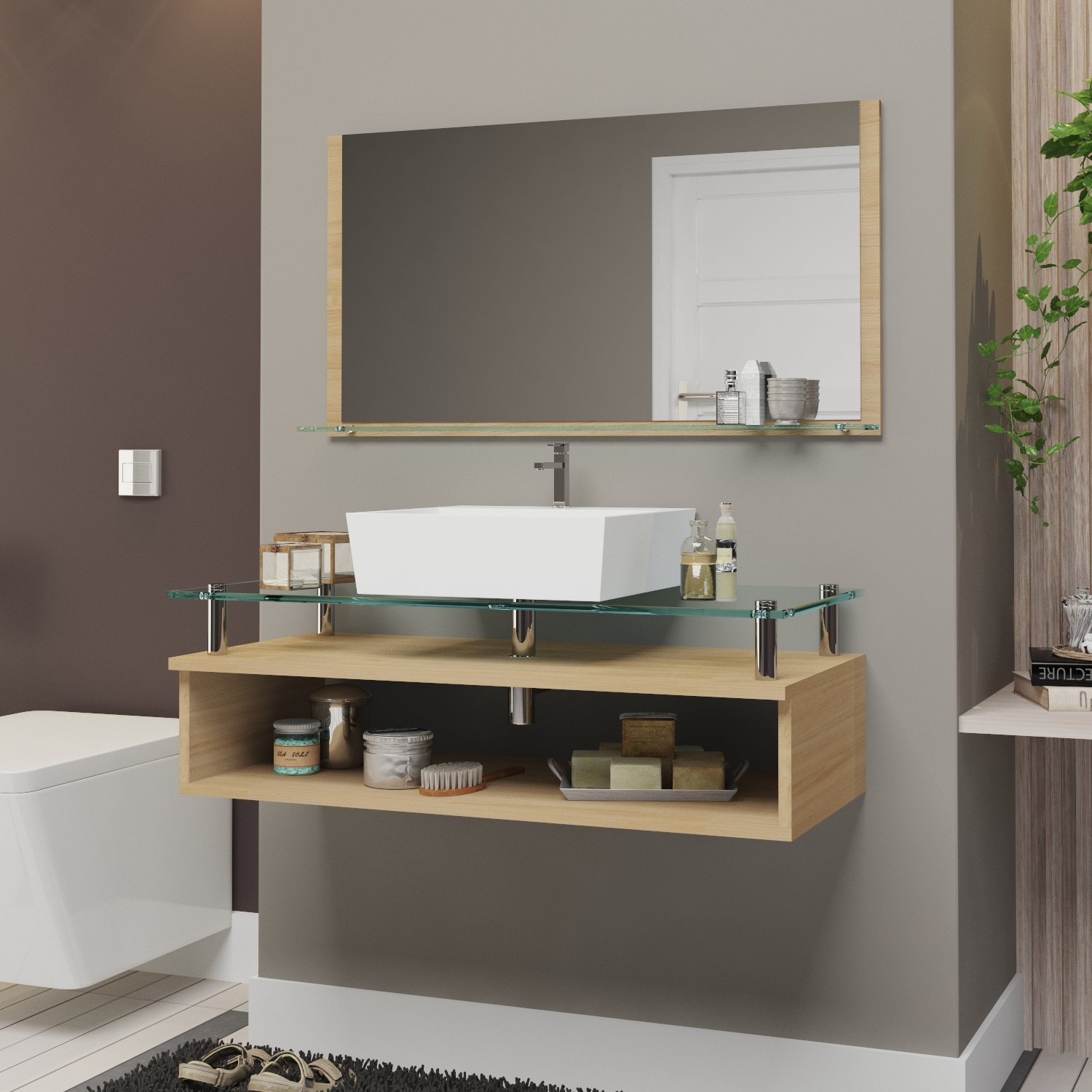 Conjunto Gabinete Banheiro Jade 80cm com Tampo de Vidro
