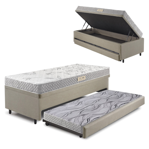 Bicama Box Baú Solteiro com Colchão Ecoline D23 Ecoflex Linho  88x188