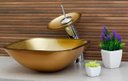 Ver imagem 2 de Cuba Vidro Quadrada 31Cm + Torneira Cascata + Válvula + Sifão - Dourado
