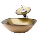 Ver imagem 1 de Cuba Vidro Quadrada 31Cm + Torneira Cascata + Válvula + Sifão - Dourado