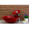 Cuba Vidro Quadrada 31Cm + Torneira Cascata + Válvula + Sifão - Vermelho - 2
