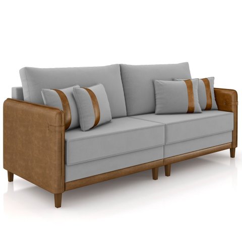 Sofá 3 Lugares Sala de Estar Living 192cm Asbury K01 Veludo Cinza Claro Couríssimo Camel - Lyam Deco