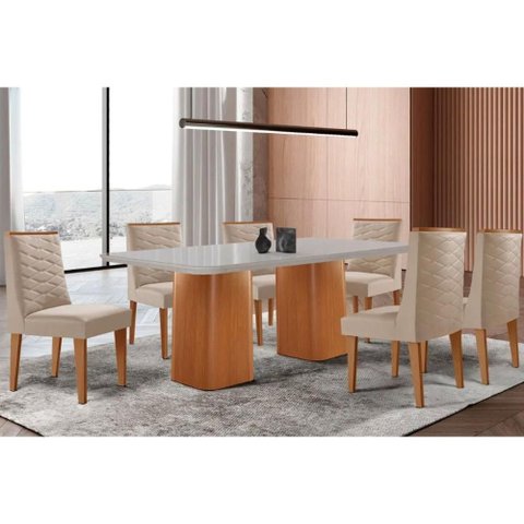 Conjunto: Mesa de Cozinha Maldivas Tampo c/ Vidro Curvo 180cm+6 Cadeiras Dafne Madeira Naturale/Off