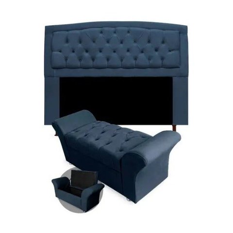 Kit Cabeceira Geovana e Calçadeira Veneza Casal 140cm Suede Topázio Decor:azul Marinho