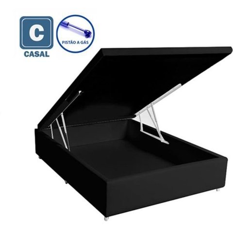 Cama Box Baú Casal em sintético Preto com Pistão a Gás - 138x188X 41