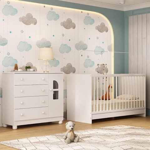Berço 3 em 1 para Colchão 130x60cm com Cômoda 1 Porta 4 Gavetas Nina Multimóveis Mp4760 Branco