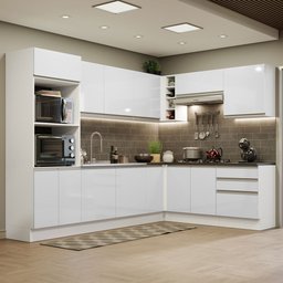Cozinha Completa de Canto 100% MDF Madesa Acordes 479003 Armário e Balcão Frentes Branco Brilho Cor: - 1