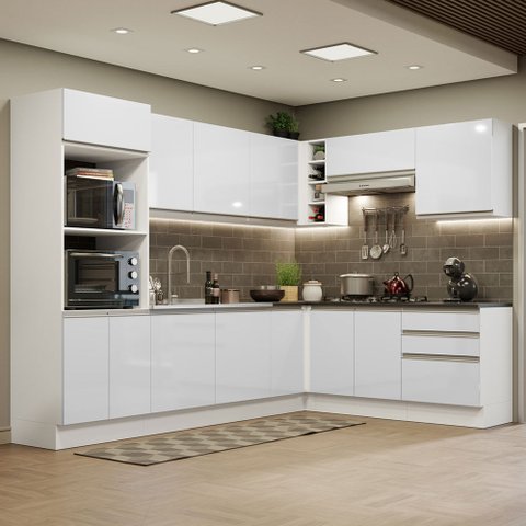 Cozinha Completa de Canto 100% MDF Madesa Acordes 479003 Armário e Balcão Frentes Branco Brilho Cor: