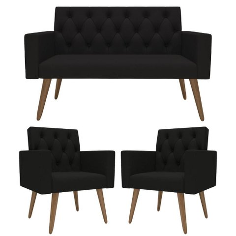 Sofá 2 Lugares + 2 Poltronas Decorativas para Sala, Recepção Preto