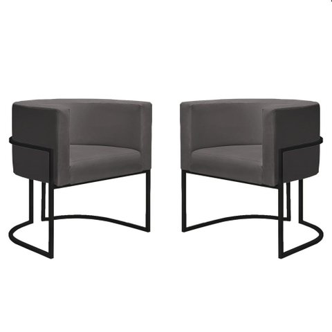 Kit 2 Poltronas Reforçada Decorativa Sala Nayara Base Ferro Preto Suede Cinza
