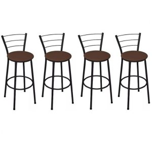 Kit 4 Banquetas Altas Preta com Encosto Assento Marrom
