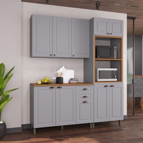 Cozinha Modulada 3 Peças 1 Torre Quente 1 Balcão com Tampo 1 Aéreo 100% MDF Bari Cinza/Titanio Fosco